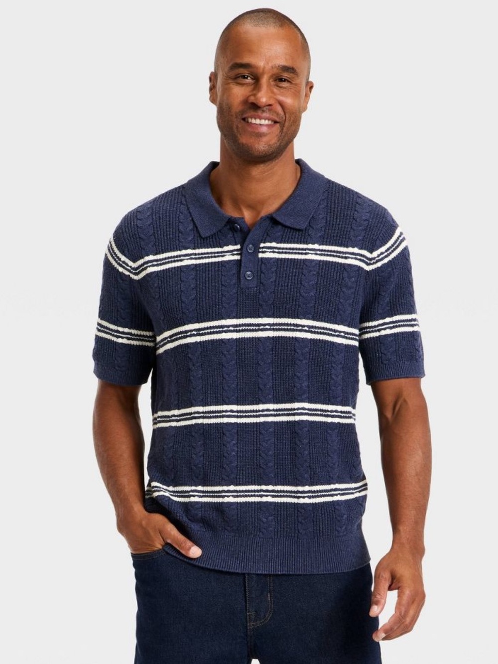 Men’s Striped Short Sleeve Cable Knit Sweater NWT Size XXL Blue Good Fellow &Co